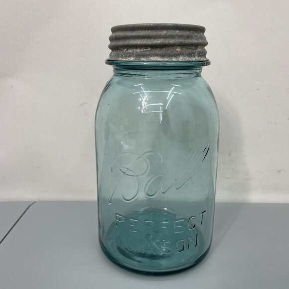BALL Other - Vintage #13 Blue Ball Perfect Mason Quart Jar 1923-1933 Zinc Milk Glass Lid